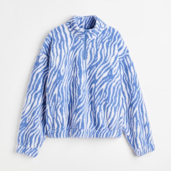 NEW H&M Zebra Fleece top Baby Blue Pockets! Half Zip Warm & Toasty XL So Cute - Picture 1 of 7